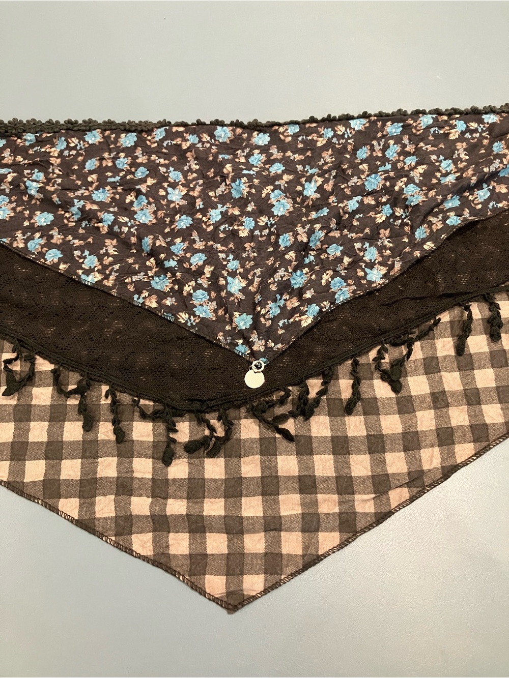 Floral & Gingham Layered Triangle Scarf Skirt - Blue on Brown
